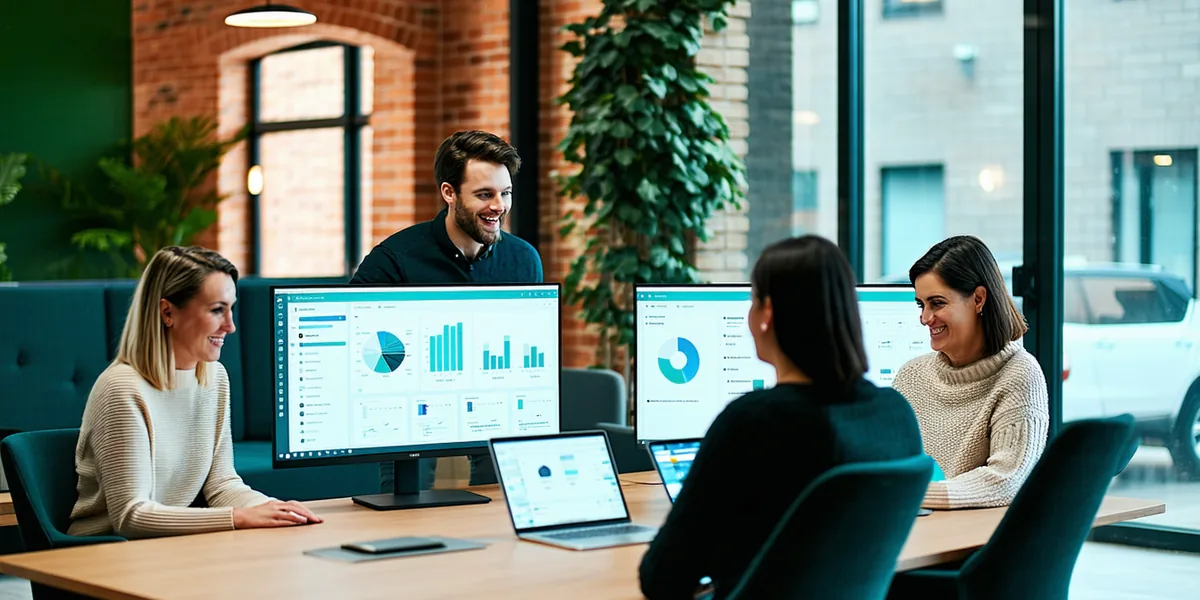 Small healthcare technology team collaborating in a modern Boston office environment